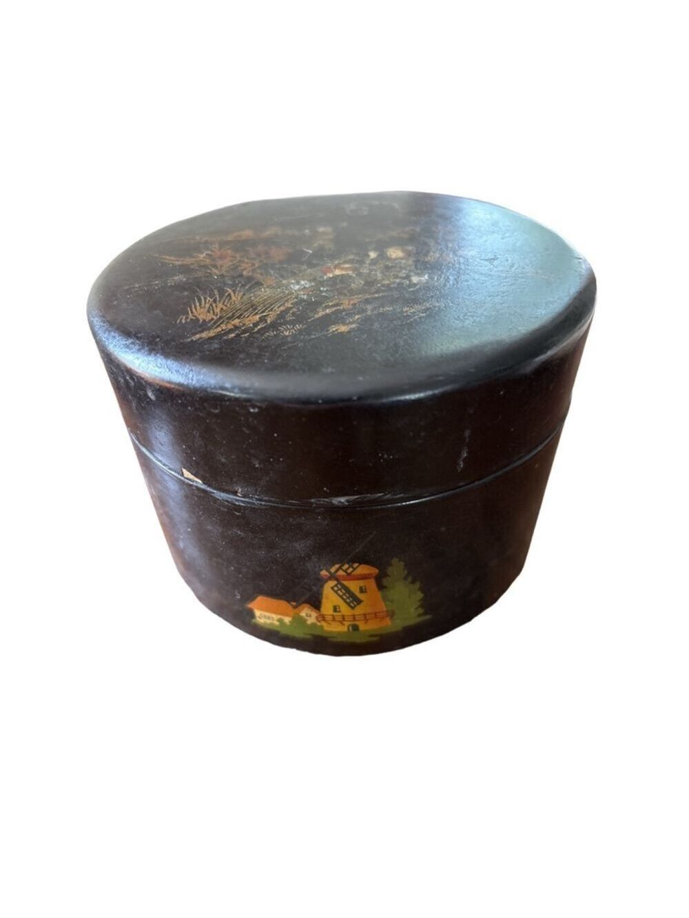 Vintage Unbranded Oriental Trinket Box Black Red Round